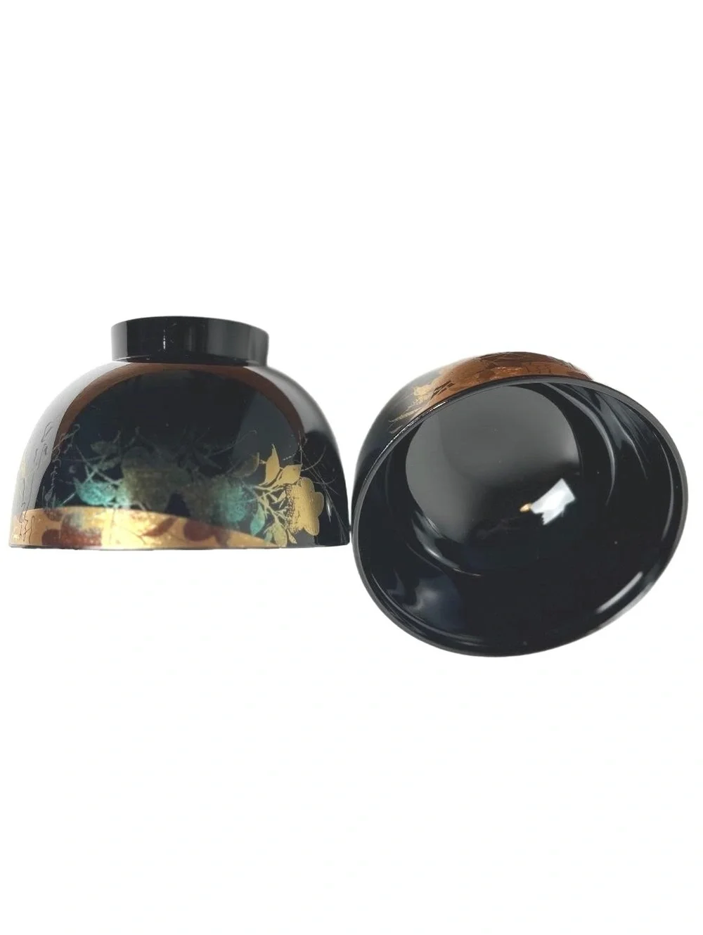 Set of 5 Vintage Black Lacquered Japanese Tea Bowls with Gold Leaf Design